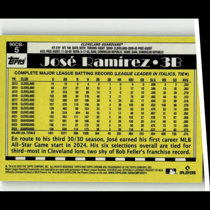 Yellow and black baseball trading card featuring josé ramírez, 3b for the cleveland guardians.