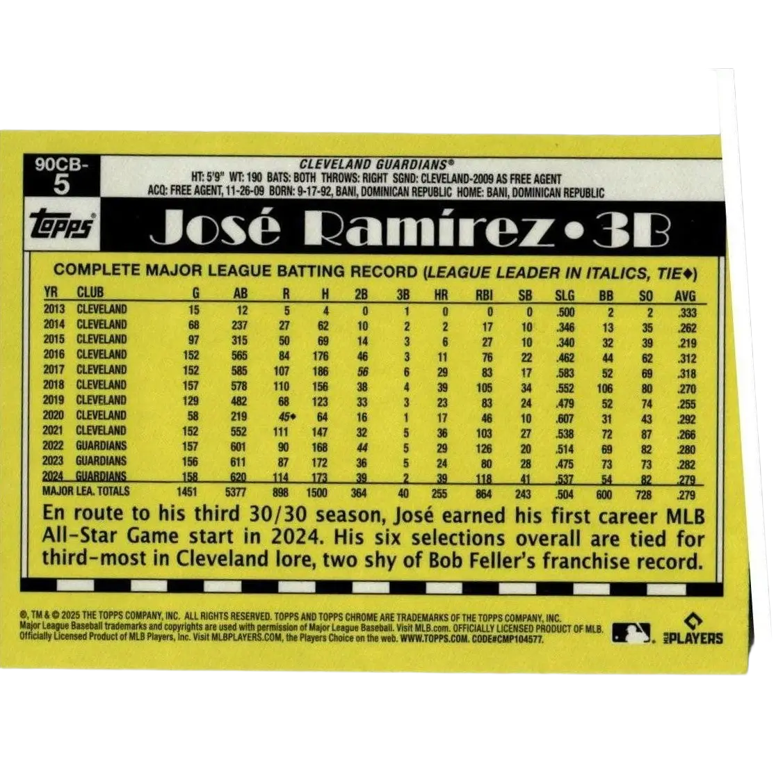 Yellow and black baseball trading card featuring josé ramírez, 3b for the cleveland guardians.