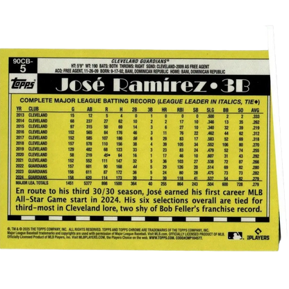 Yellow and black baseball trading card featuring josé ramírez, 3b for the cleveland guardians.