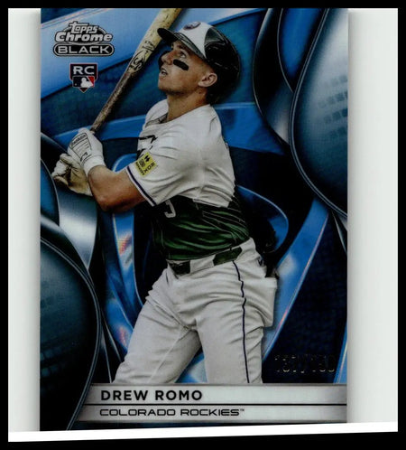 A baseball card of drew romo in a white and green colorado rockies uniform on a blue chrome background topps chrome black drew romo blue refractors numbered out of 150