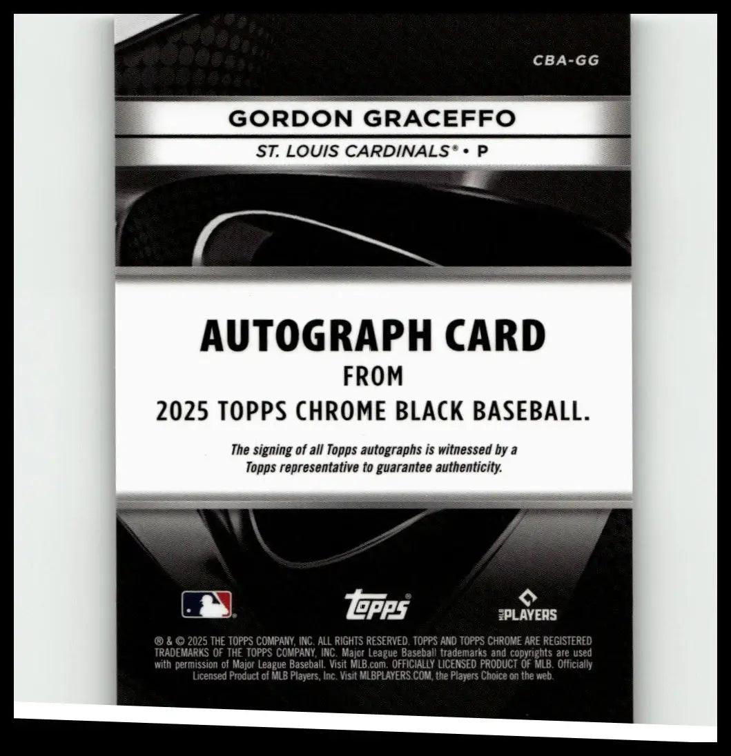 Black and silver 2025 topps chrome black baseball autograph card featuring gordon graceffo autographs green refractors
