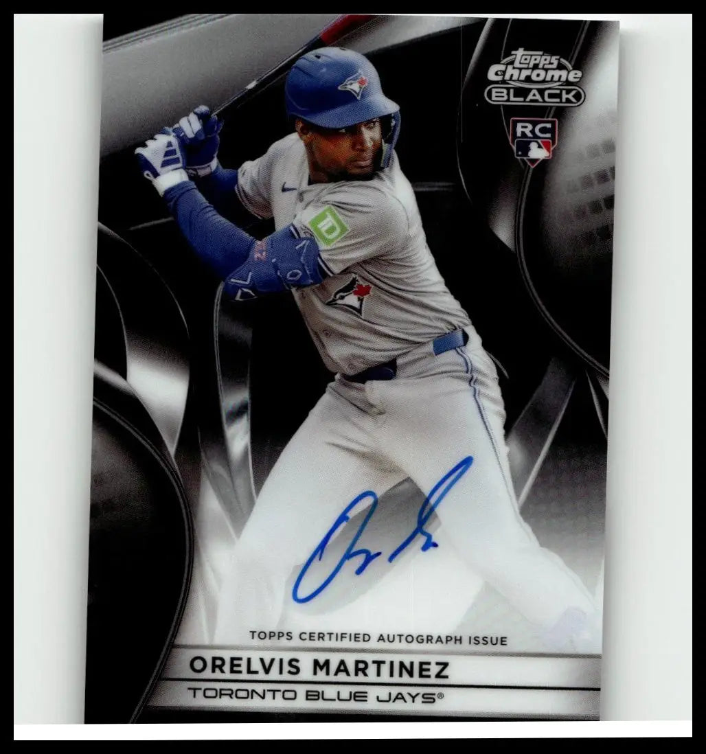 Blue helmeted baseball player orelvis martinez in gray uniform holding bat featured on 2025 topps chrome black card
