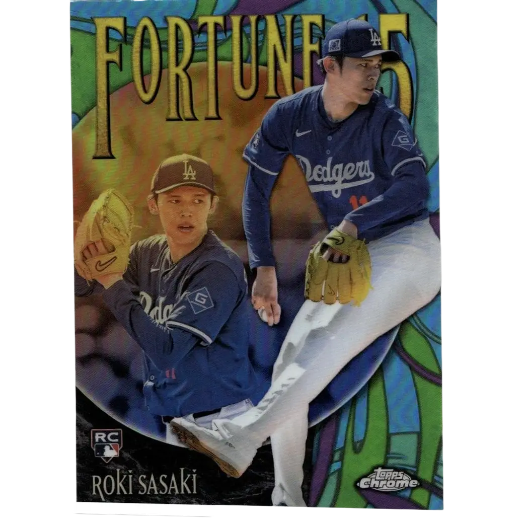 This is a vibrant, glossy baseball trading card featuring two los angeles dodgers players in blue uniforms with white lettering and gold gloves against an abstract colorful background.