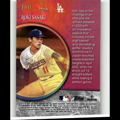 Yellow dodgers baseball card featuring roki sasaki in a white jersey with orange number 11 and blue cap.