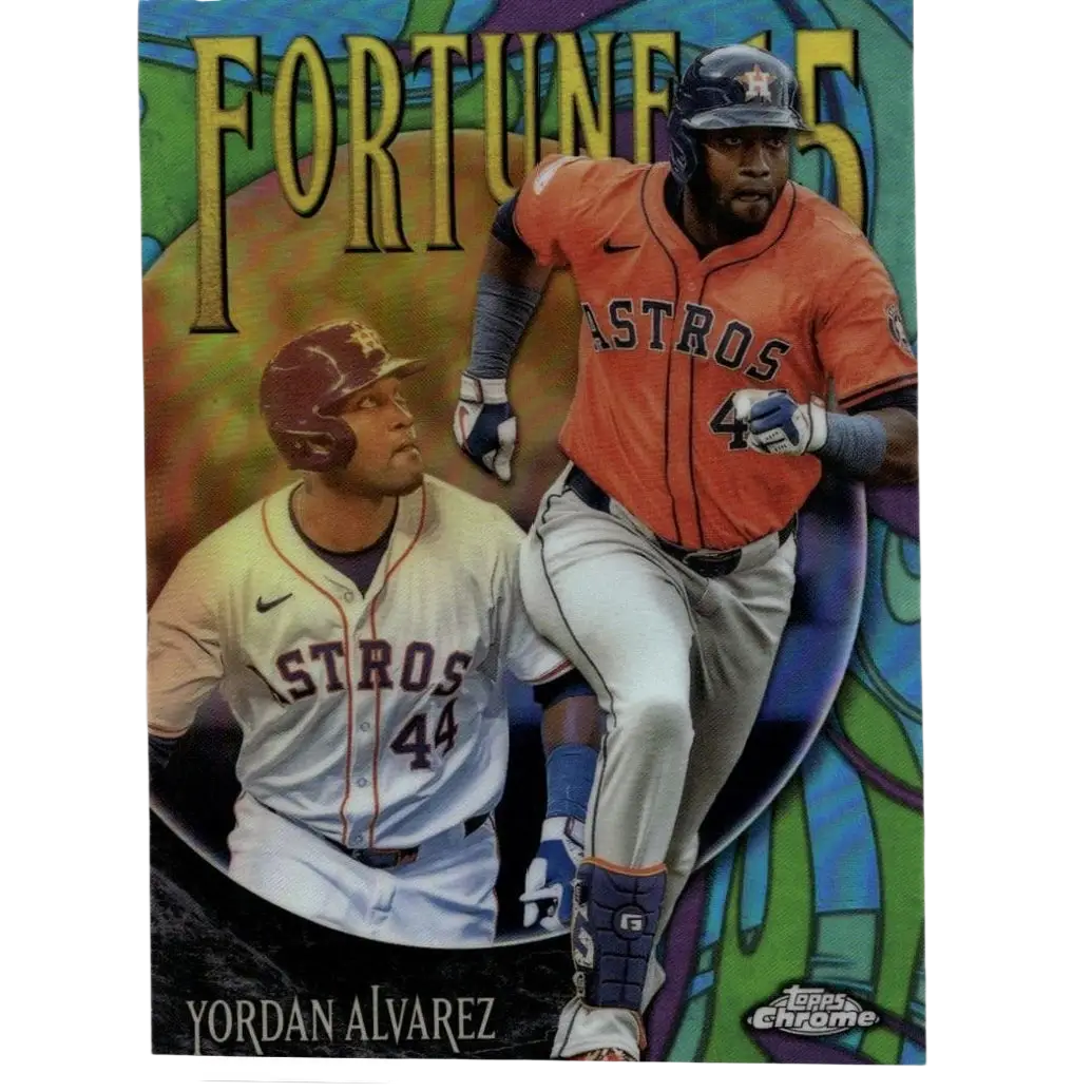 Orange and white houston astros baseball trading card featuring player yordan alvarez in action.