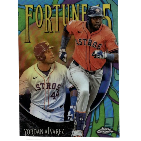 Orange and white houston astros baseball trading card featuring player yordan alvarez in action.