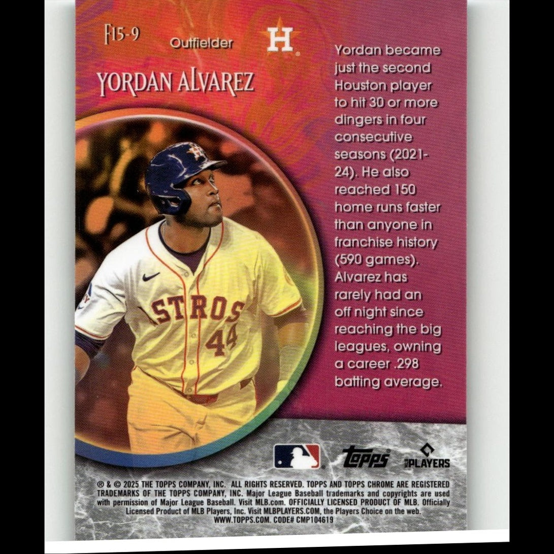 This is a topps chrome baseball trading card featuring yordan alvarez in his houston astros uniform.