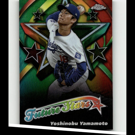 A vibrant, holographic baseball trading card featuring yoshinobu yamamoto in a white los angeles dodgers jersey with blue sleeves and cap.