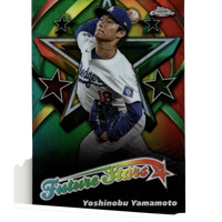 A vibrant, holographic baseball trading card featuring yoshinobu yamamoto in a white los angeles dodgers jersey with blue sleeves and cap.