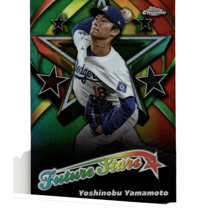 A vibrant, holographic baseball trading card featuring yoshinobu yamamoto in a white los angeles dodgers jersey with blue sleeves and cap.