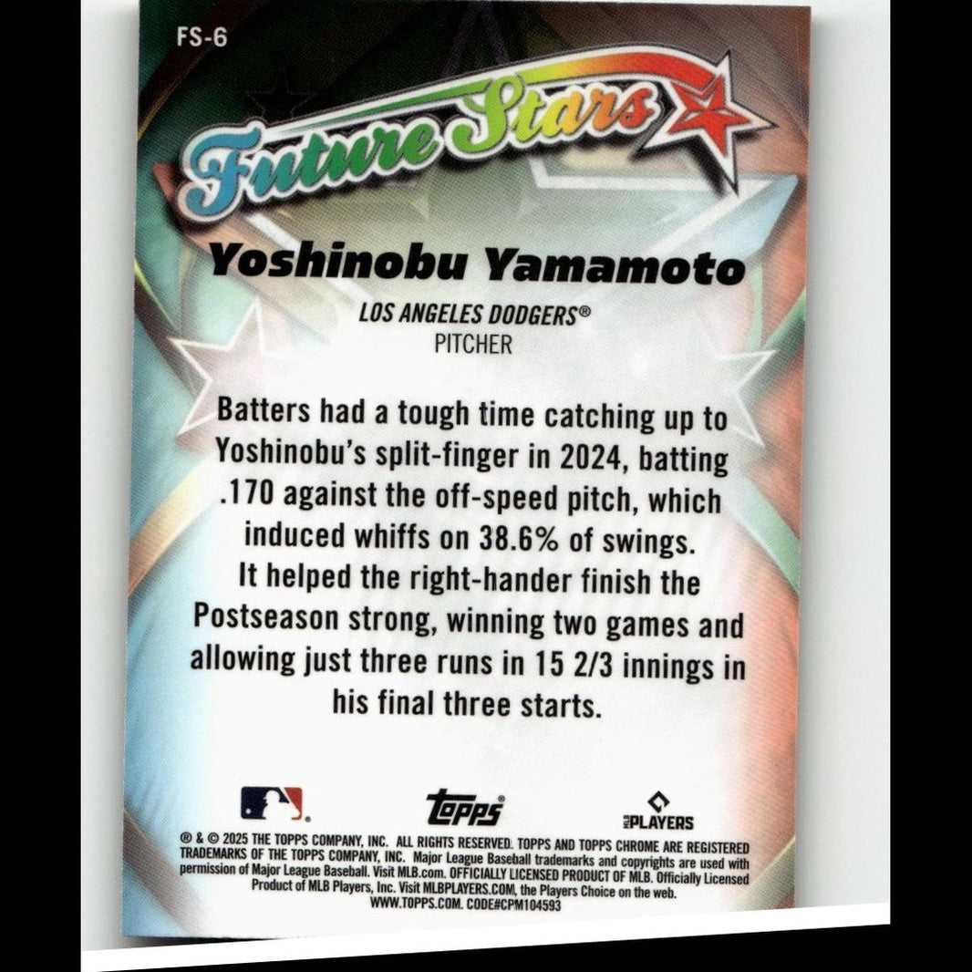 This is a glossy, star-themed baseball trading card from topps chrome featuring yoshinobu yamamoto of the los angeles dodgers.