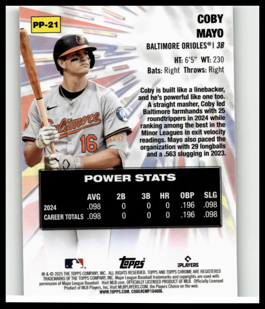 2025 topps chrome #pp-21 coby mayo power players baseball card featuring baltimore orioles #16 with mayo power