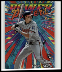 2025 Topps Chrome #PP-21 Coby Mayo Power Players baseball card with vibrant rainbow background and gray uniform with orange lettering