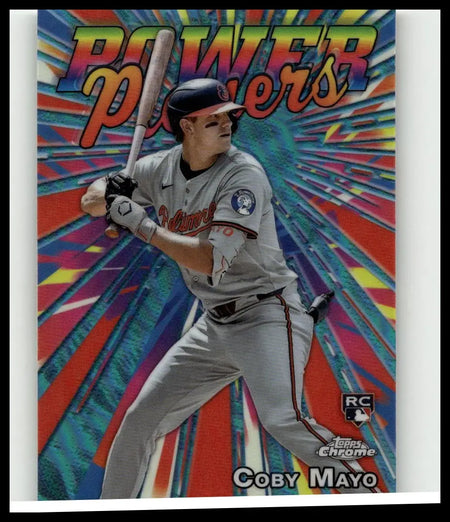 2025 Topps Chrome #PP-21 Coby Mayo Power Players baseball card with vibrant rainbow background and gray uniform with orange lettering