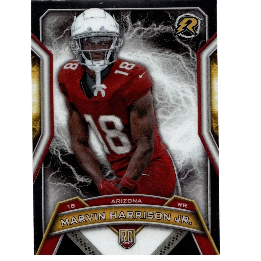Red and white football trading card of Marvin Harrison Jr from 2025 Topps Resurgence featuring action and toy figures