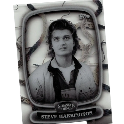 Black and white topps stranger things collectible card featuring steve harrington with vintage tv frame and textured background