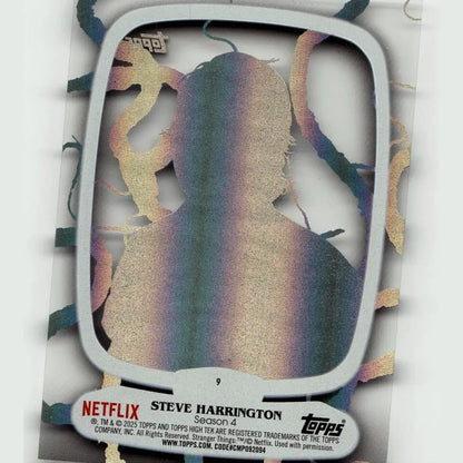 A shimmering holographic topps stranger things high tek dustin card featuring steve harrington with a silver border