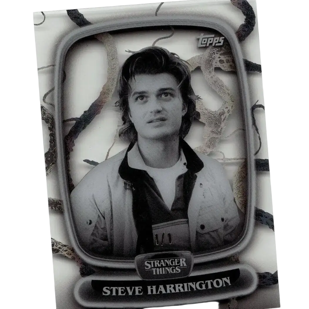 Black-and-white topps stranger things high tek collectible card featuring steve harrington in vintage tv frame