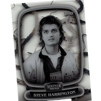 Black-and-white topps stranger things high tek collectible card featuring steve harrington in vintage tv frame