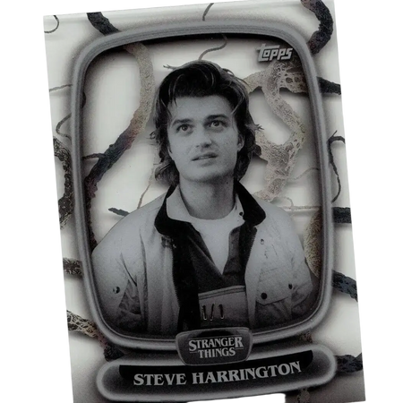 Black-and-white topps stranger things high tek collectible card featuring steve harrington in vintage tv frame