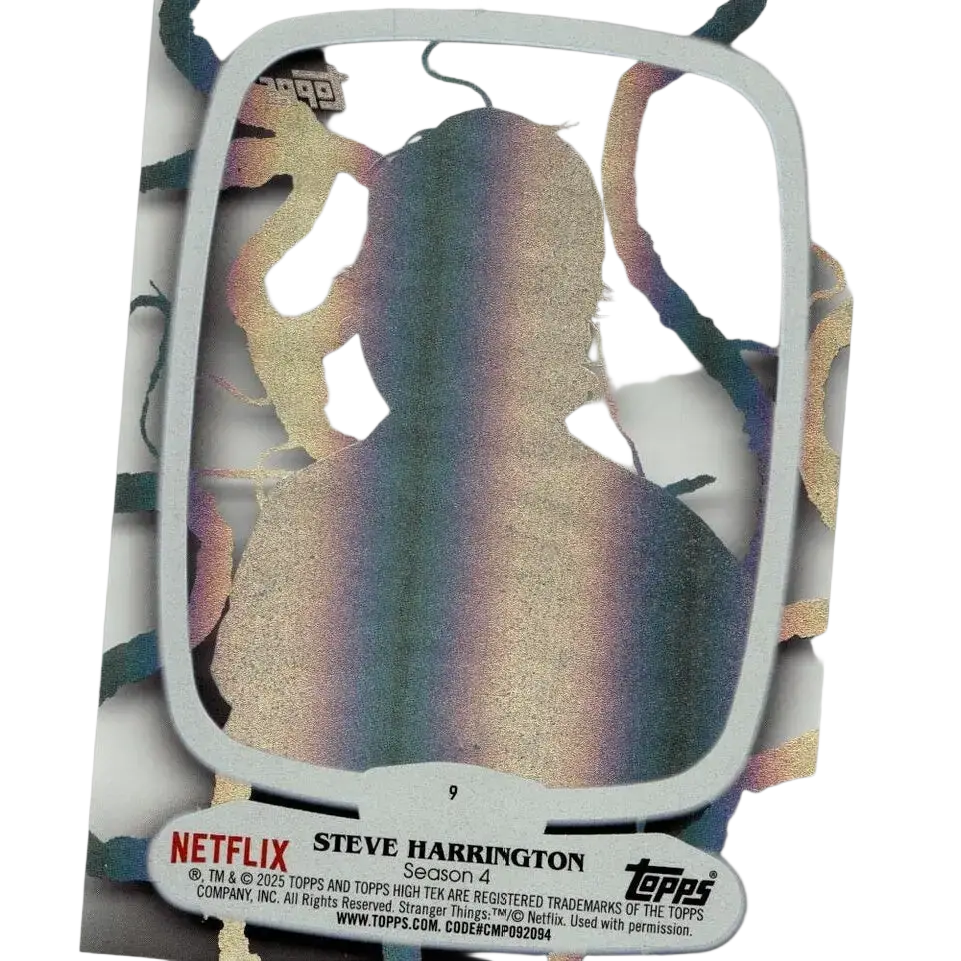 A shimmering iridescent steve harrington silhouette on a topps stranger things high tek trading card with gold foil accents