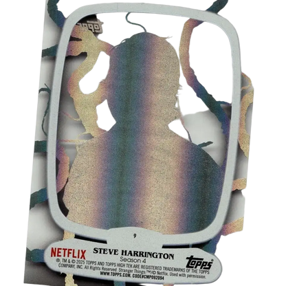 A shimmering iridescent steve harrington silhouette on a topps stranger things high tek trading card with gold foil accents