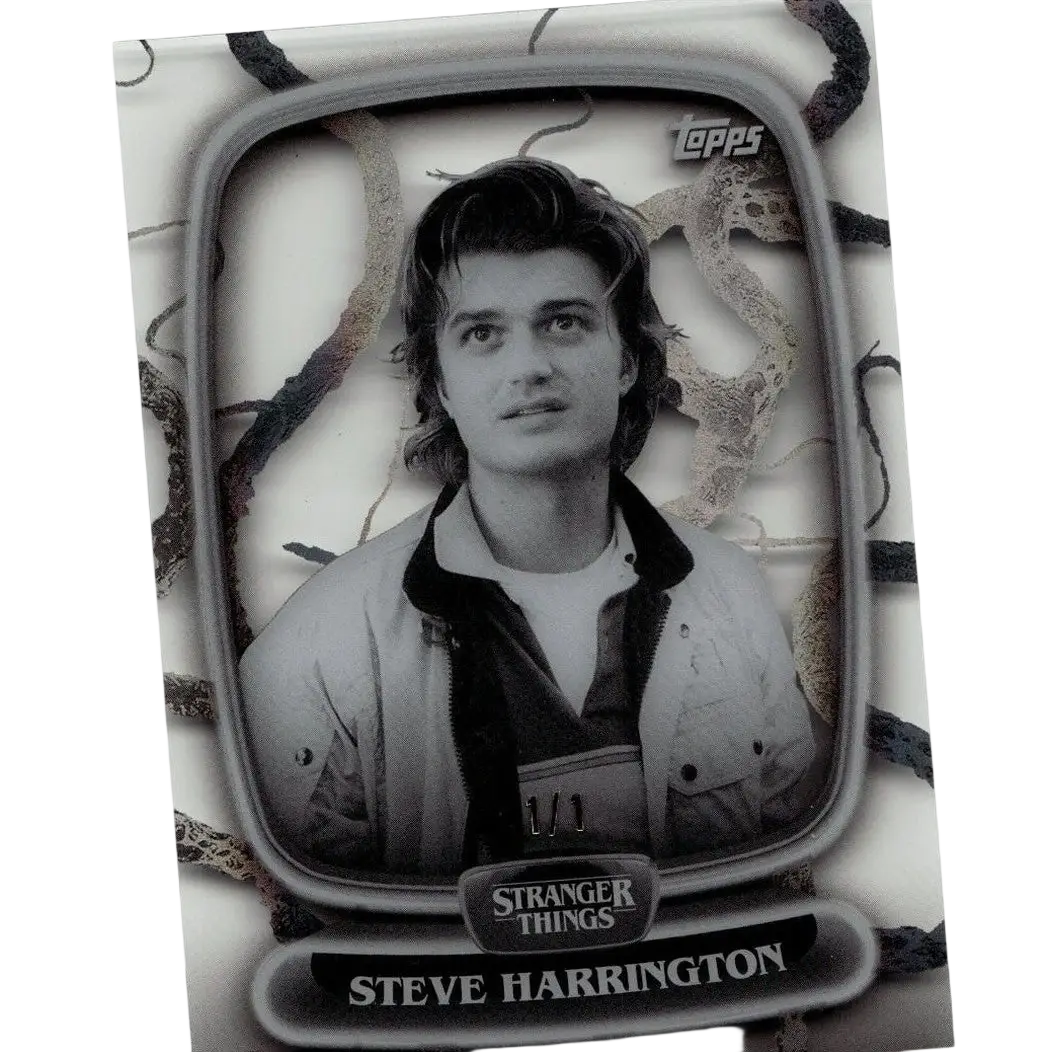 Black-and-white topps stranger things high collectible card featuring steve harrington framed in vintage tv design