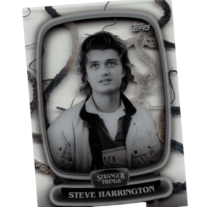 Black-and-white topps stranger things high collectible card featuring steve harrington framed in vintage tv design