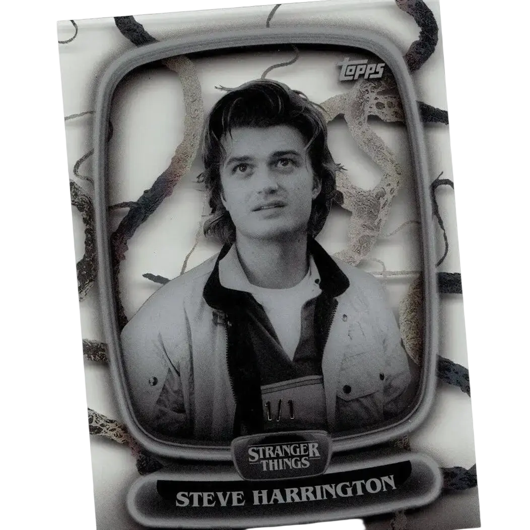 Black-and-white topps stranger things collectible card featuring steve harrington with vintage tv frame and textured background