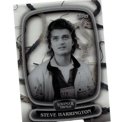 Black-and-white topps stranger things collectible card featuring steve harrington with vintage tv frame and textured background