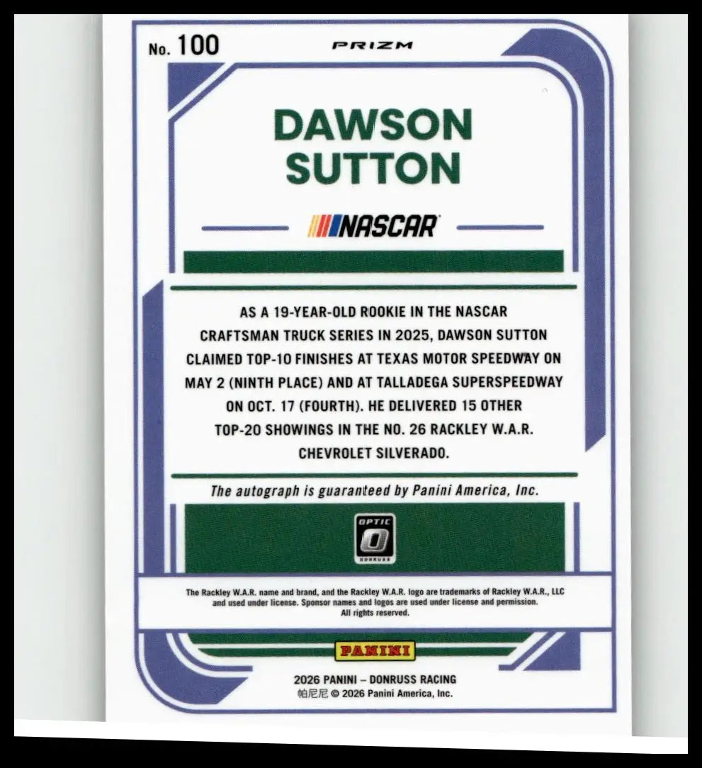 A blue and white 2026 donruss optic signatures trading card featuring nascar driver dawson sutton with green text detailing 2025 achievements