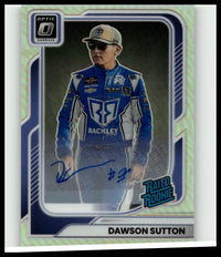 Blue and white racing suit with sponsor logos worn by dawson sutton on 2026 donruss sutton optic signatures card