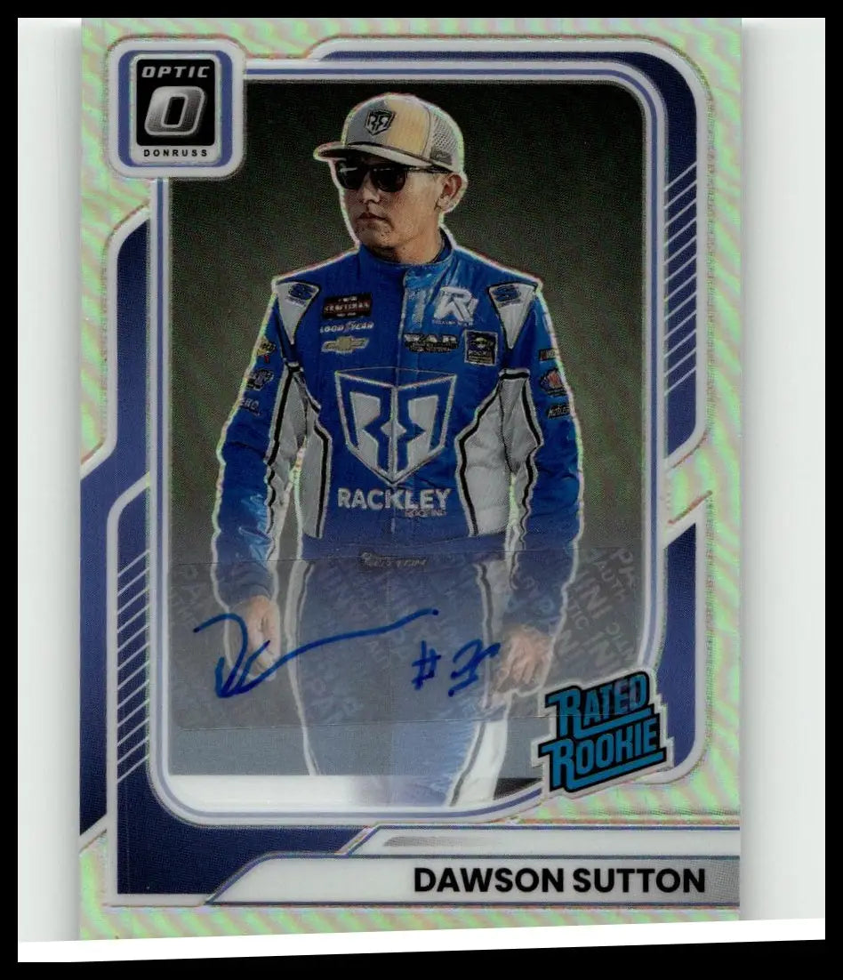 Blue and white racing suit with sponsor logos worn by dawson sutton on 2026 donruss sutton optic signatures card