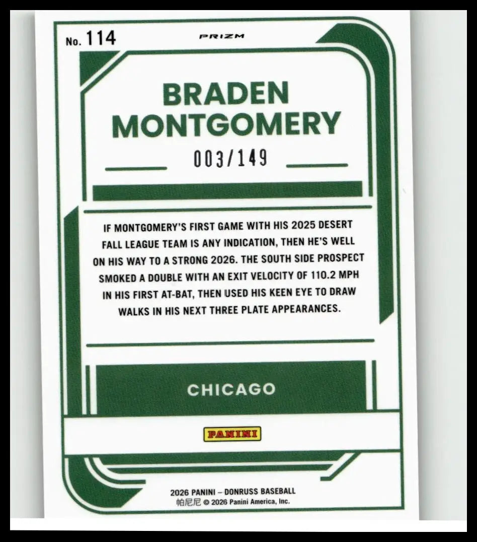Green and white prizm baseball trading card of braden montgomery optic lime numbered 003 of 149 from 2026 Donruss