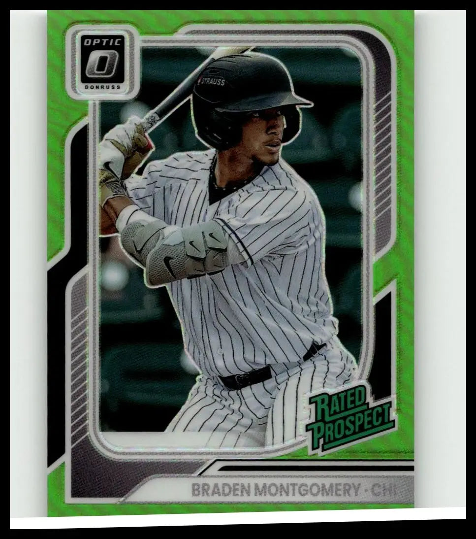 Green and silver framed 2026 Donruss #114 Braden Montgomery Optic lime green baseball card featuring Montgomery in pinstriped uniform