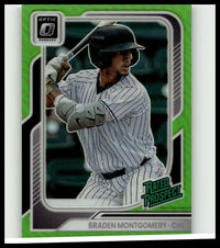 Green and silver framed 2026 Donruss #114 Braden Montgomery Optic lime green baseball card featuring Montgomery in pinstriped uniform