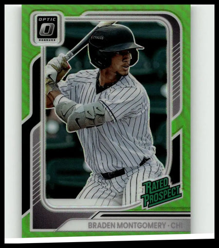 Green and silver framed 2026 Donruss #114 Braden Montgomery Optic lime green baseball card featuring Montgomery in pinstriped uniform