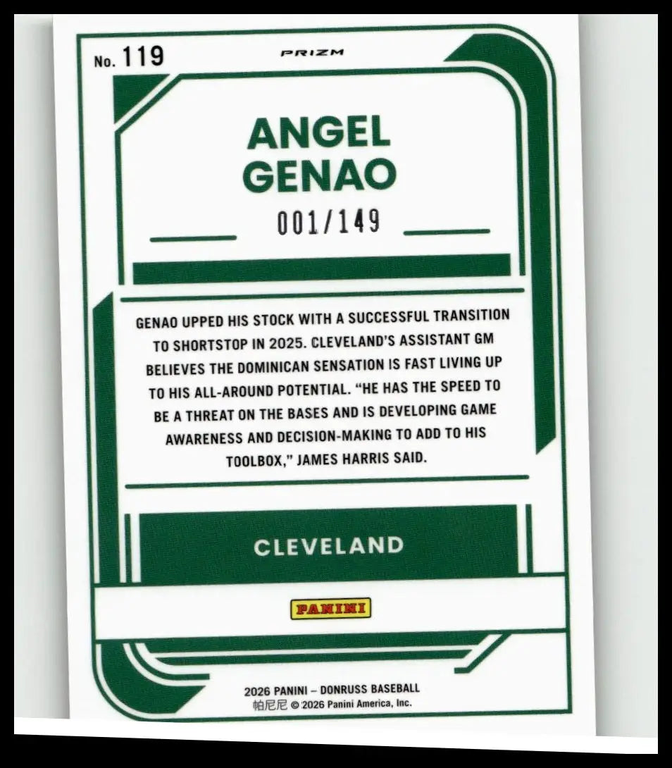 Green and white 2026 donruss angel genao optic green velocity baseball trading card numbered 001 of 149