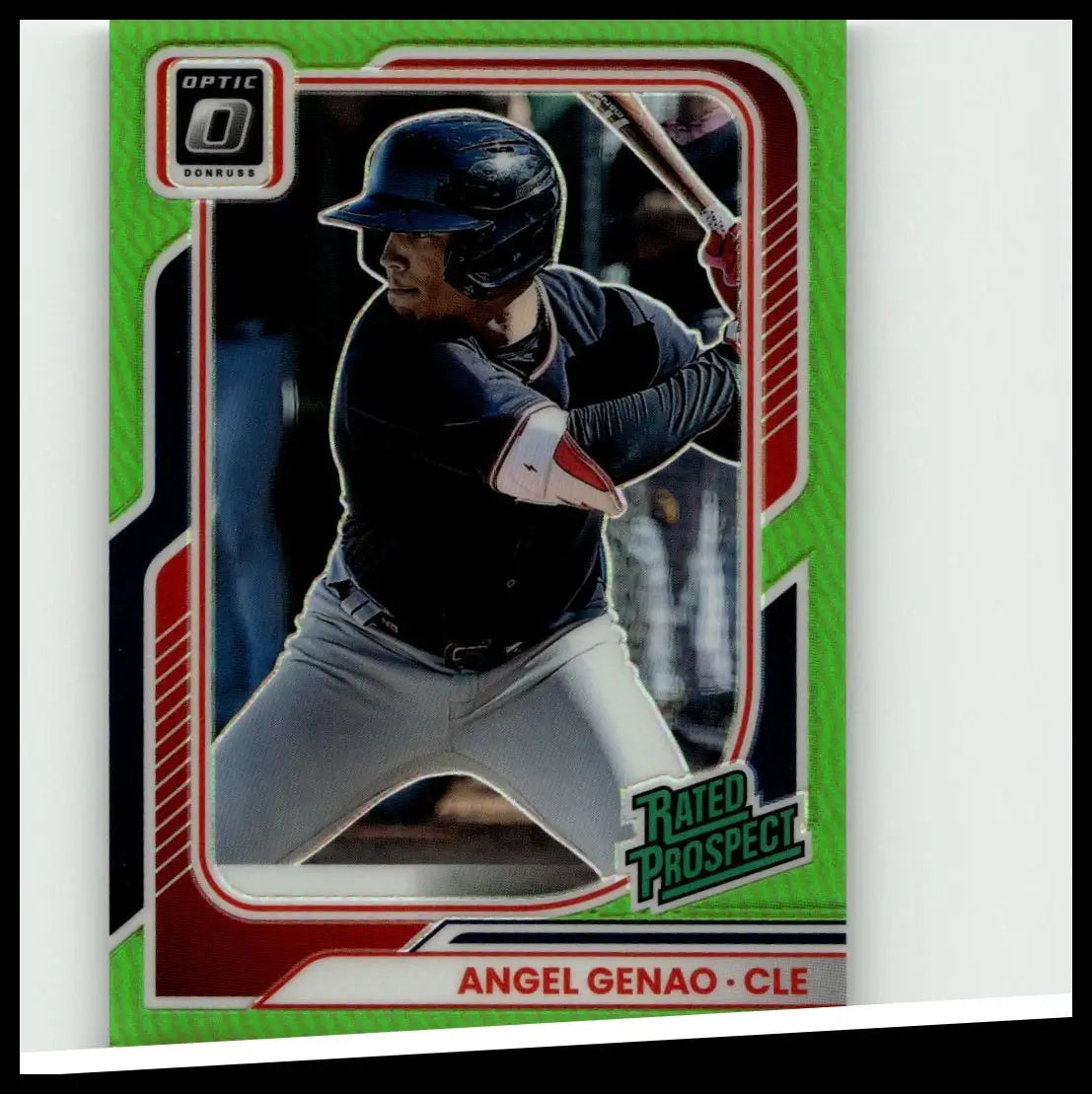 Green and red bordered 2026 donruss #119 angel genao optic green velocity baseball trading card featuring genao in black helmet