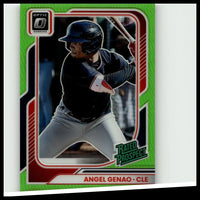 Green and red bordered 2026 donruss #119 angel genao optic green velocity baseball trading card featuring genao in black helmet