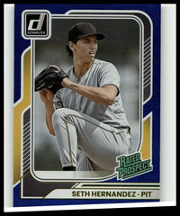 Blue and gold-bordered 2026 donruss baseball card featuring seth hernandez in gray uniform holding a glove numbered 124 blue