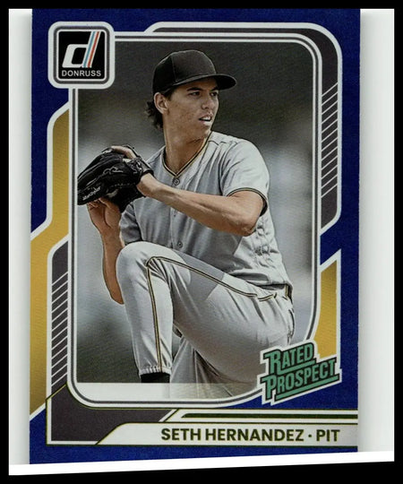 Blue and gold-bordered 2026 donruss baseball card featuring seth hernandez in gray uniform holding a glove numbered 124 blue