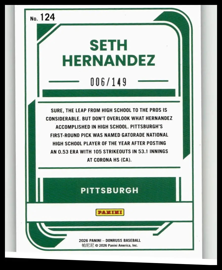 Green and white 2026 Donruss baseball trading card featuring seth hernandez blue numbered 006 of 149