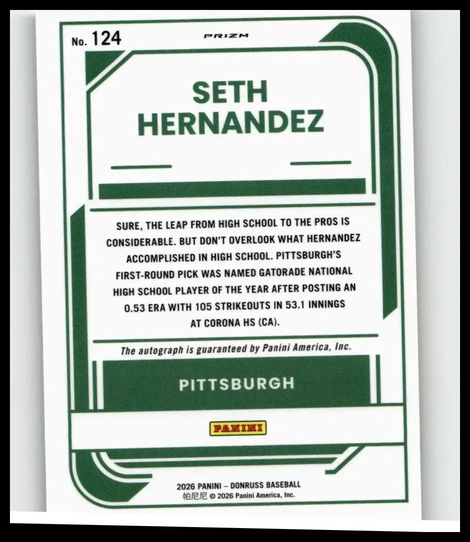 Green and white 2026 donruss #124 seth hernandez rated prospects optic signatures baseball trading card