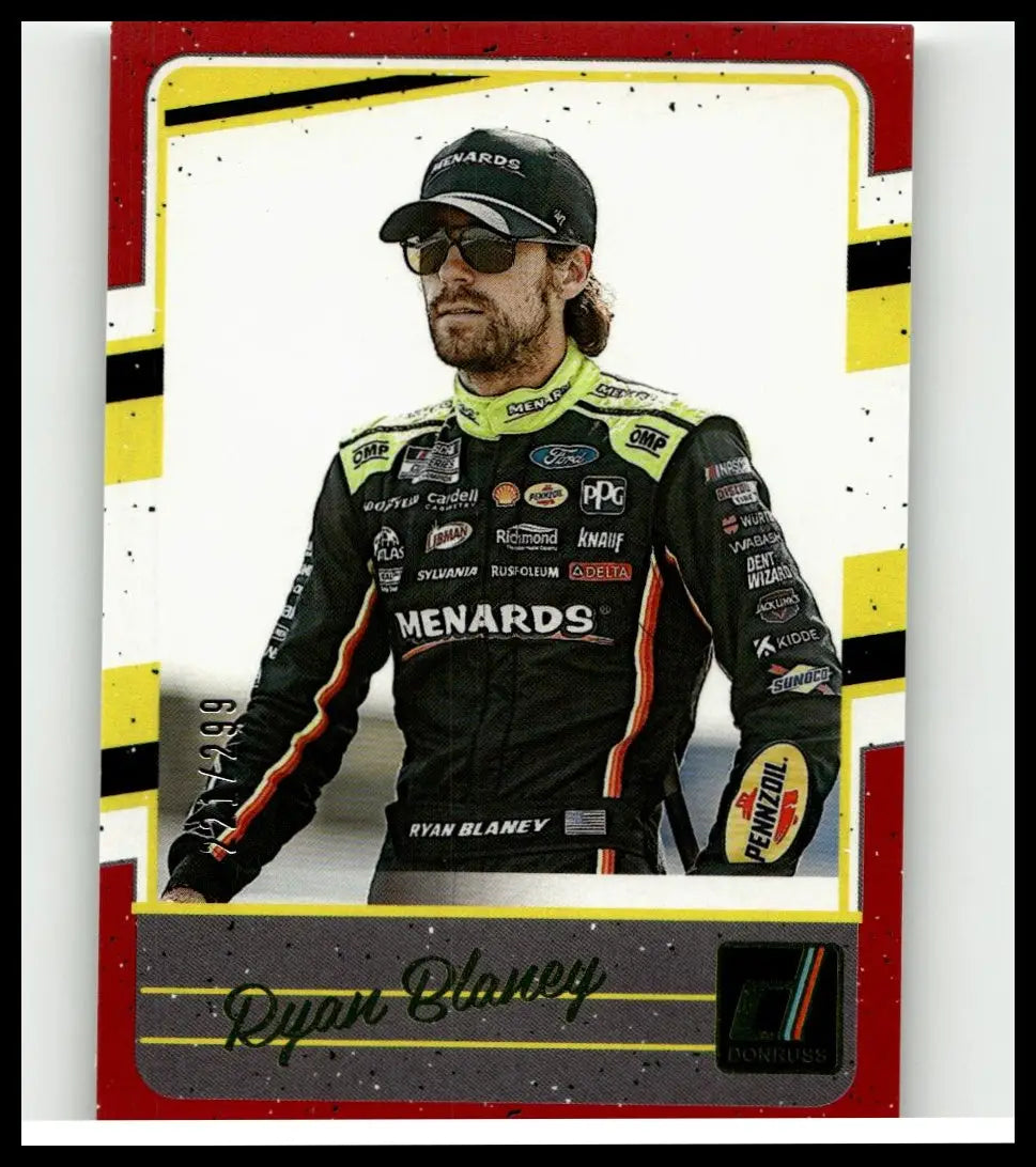 Black and yellow racing suit worn by ryan blaney featured on 2026 donruss 125 ryan blaney red card limited to 299