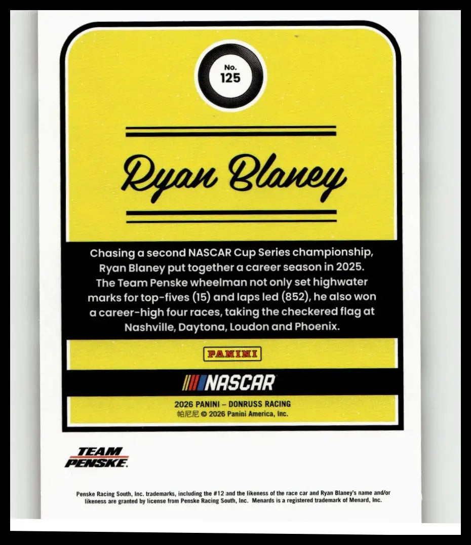 Yellow and black nascar trading card featuring ryan blaney numbered 125 from 2026 donruss ryan blaney red series