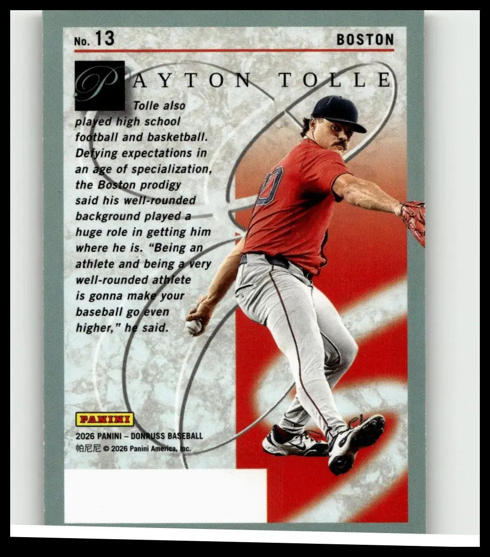 Red and gray 2026 donruss payton tolle elite series holo baseball trading card in boston red sox uniform numbered 199