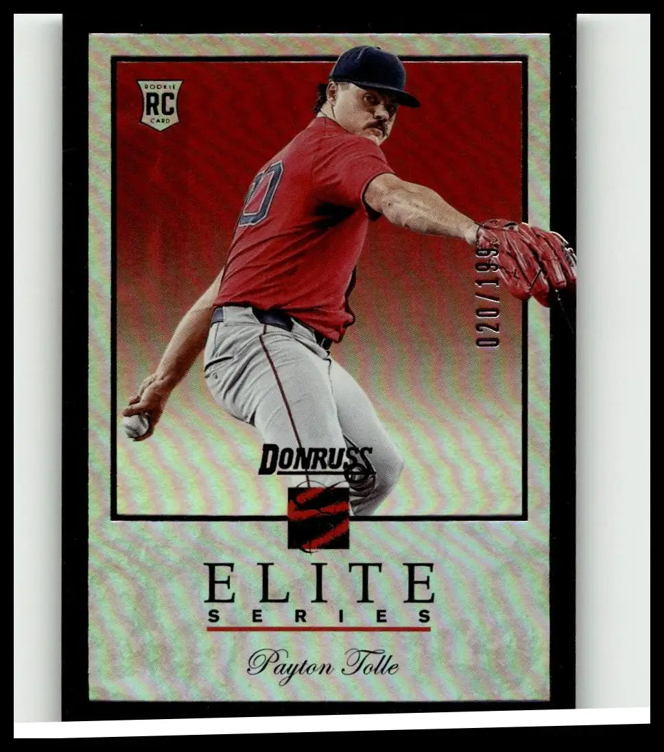 2026 donruss 13 payton tolle elite series holo rookie card showing mid-pitch payton tolle in red jersey with number 47 sleeve