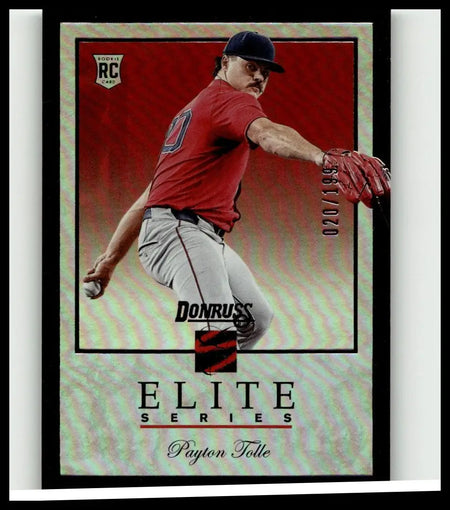 2026 donruss 13 payton tolle elite series holo rookie card showing mid-pitch payton tolle in red jersey with number 47 sleeve