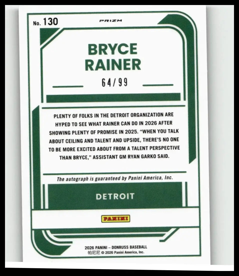 Green and white 2026 donruss #130 bryce rainer rated prospects optic signatures purple baseball card numbered 64/99